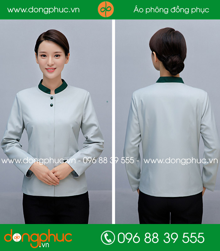 Đồng phục vệ sinh màu ghi sáng cổ xanh đậm